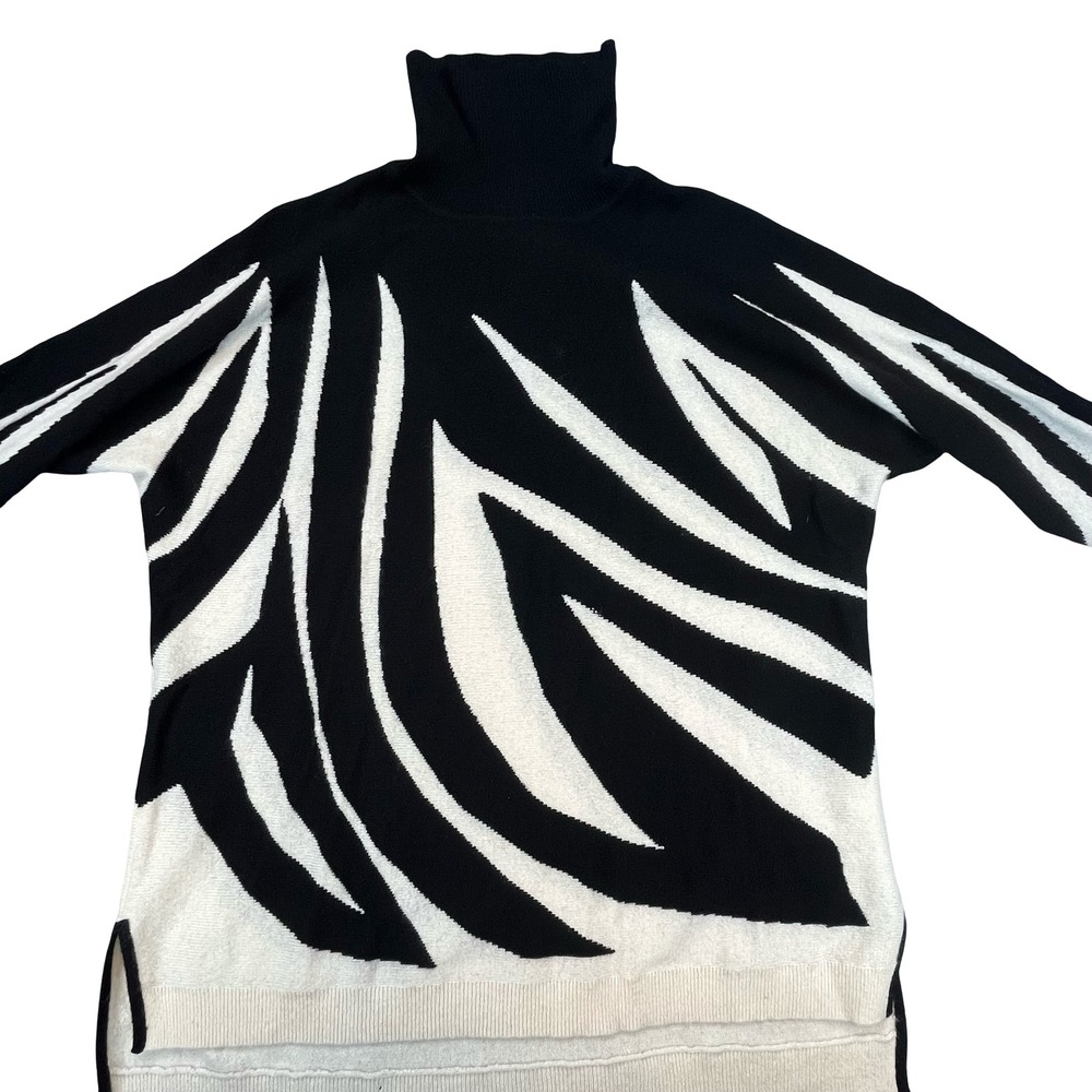 Charter Club Womens Turtleneck Sweater Black White Zebra Cashmere Luxury L